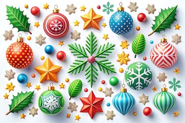 Vibrant digital illustration of festive holiday icons, including snowflakes, ornaments, and holly leaves, in bold colors and geometric shapes on a bright white background.