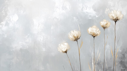 Hand Painted Oil Flower Canvas. Serene Female Cosmetic Illustration. Psychology, Meditation, Yoga, Health Summer Texture. Stylized Modern Floral Background. Wheat, Grass, Flowers Organic Oil Painting.