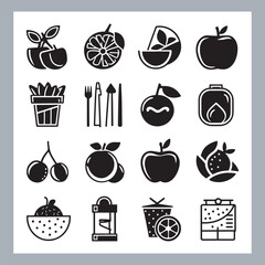 Fruits silhouette icon set, symbol style, Fruits Apple, banana, orange, mango, grape, pineapple, strawberry, watermelon, pear, cherry, kiwi, blueberry, papaya, peach, pomegranate silhouette