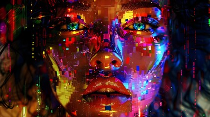 Fototapeta premium Vibrant Digital Face Art Displaying Abstract Geometric Patterns Colors Light Reflection. AI Generated
