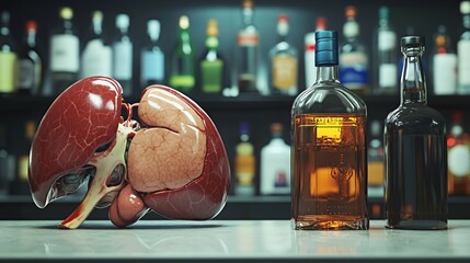 A surreal depiction of human lungs beside whiskey bottles, highlighting health and lifestyle choices.