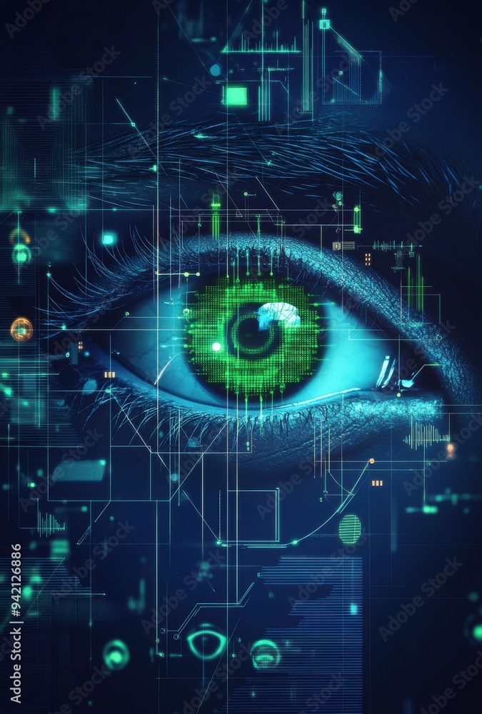 Poster futuristic digital eye with biometric scanning elements and technology overlay for security and inno