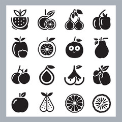 Fruits silhouette icon set, symbol style, Fruits Apple, banana, orange, mango, grape, pineapple, strawberry, watermelon, pear, cherry, kiwi, blueberry, papaya, peach, pomegranate silhouette