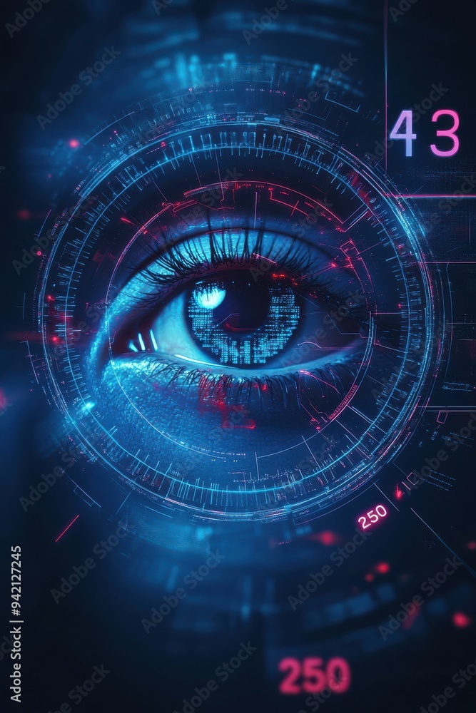 Poster futuristic digital eye with advanced technology elements and holographic interface showcasing a high