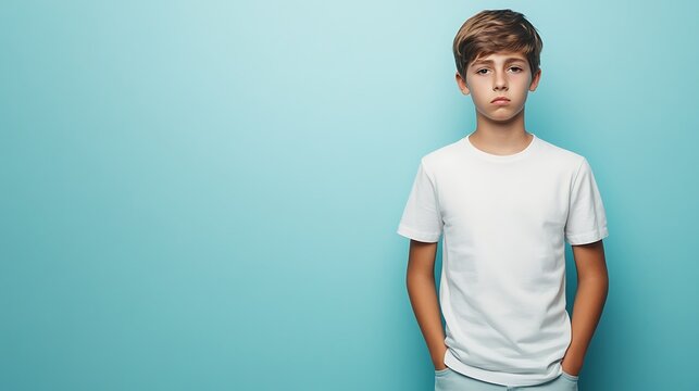 A teenage boy with his hands in his pockets, looking dejected on a pale blue background.