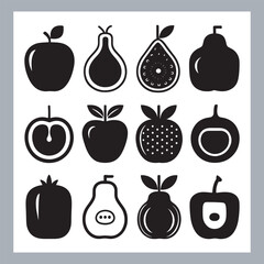 Fruits silhouette icon set, symbol style, Fruits Apple, banana, orange, mango, grape, pineapple, strawberry, watermelon, pear, cherry, kiwi, blueberry, papaya, peach, pomegranate silhouette