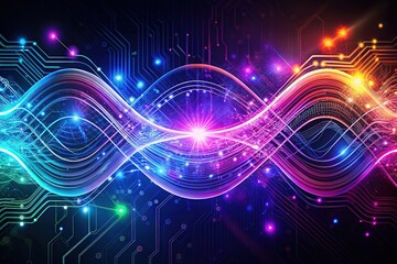 Vibrant digital waveform made of glowing circuits and wires, unfolding in a futuristic swirl of blue and purple hues, symbolizing innovation and technology advancement.