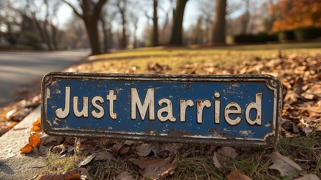 A beautifully rustic street sign declaring Just Married lies amidst fallen leaves, marking a momentous occasion against a serene autumn backdrop on a quiet road
