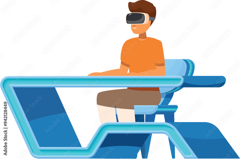 Poster man wearing a vr headset is using a virtual reality simulator