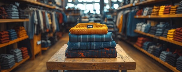 A cozy retail clothing store interior showcasing neatly folded sweaters in various colors and patterns, creating a warm and inviting shopping atmosphere