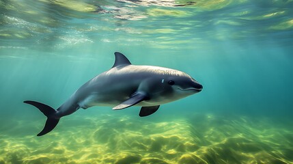 A Vaquita swimming in the clear waters of the Gulf of California, its small size and rounded fins visible.