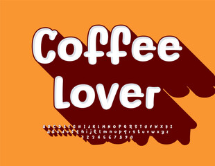 Vector modern banner Coffee Lover. Bright Creative Font. Trendy set of funny Alphabet Letters and Numbers.