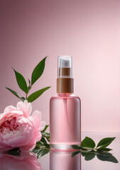 Mock up serum essence or any beauty product from natural ingredients, placed on mirrored glass, a reflective pink surface, surrounded peony rose.