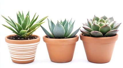 Three potted succulents on a white background