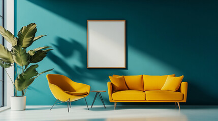A bright yellow sofa and chair set against a teal wall, featuring a minimalistic decor and a potted plant in natural light