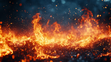 Close-up of fire particles on the ground, with orange and red flames, sparks flying in all directions, against a dark background