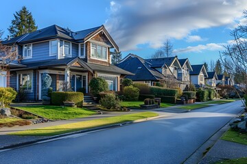 Naklejka premium Charming Residential Street with Lush Greenery and Modern Homes