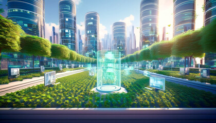 A futuristic urban garden where AI-driven robots maintain the environment, featuring holographic displays that monitor plant health and optimize growth conditions, promoting sustainability