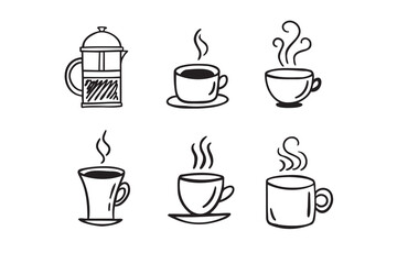 Hand drawn hot drinks set. Doodle coffee cups white background. Coffee, tea, cappuccino, espresso, latte, americano, hot chocolate