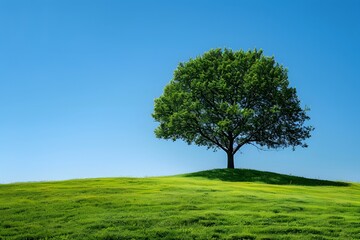 Obraz premium Serene Landscape with a Lush Green Tree Under a Clear Blue Sky