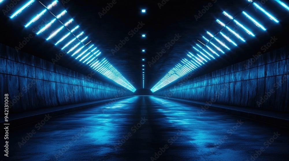 Poster a futuristic tunnel illuminated by blue lights, creating a mesmerizing and atmospheric view, perfect
