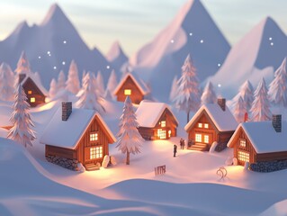 Cozy Snowy Mountain VillageWarm Cottages Amidst Winter Wonderland