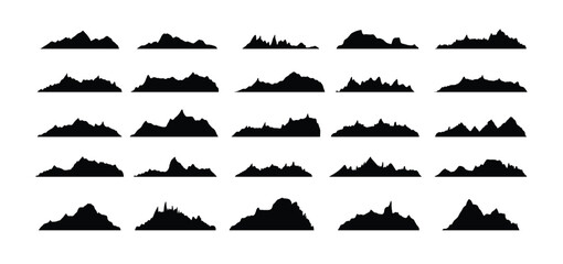 Mountain ridges peak silhouettes flat style isolated set. Rocky mountains peaks design various ranges outdoor nature landscape background design elements