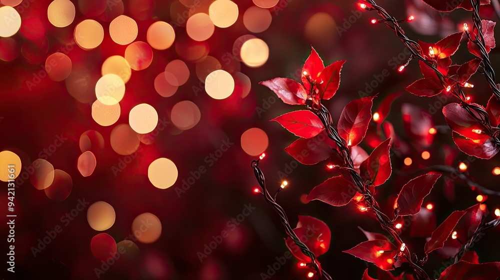 Poster a vibrant display of red leaves illuminated by soft bokeh lights, creating a warm and festive ambian