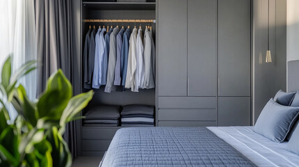 Modern bedroom interior featuring organized closet with neatly hung shirts and a bed adorned with gray bedding during daylight