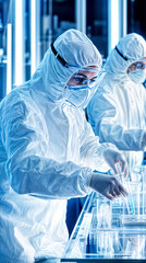 Scientists Conducting Experiments in High-Tech Laboratory Cleanroom with Protective Gear and Test Tubes
