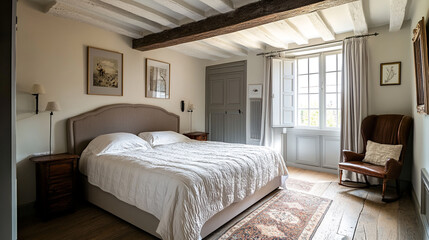 Fototapeta premium Cozy bedroom with a large bed and natural light shining through the open window in a rustic house