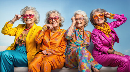 Vibrant Elderly Women Posing Joyfully in Colorful Outfits and Stylish Sunglasses