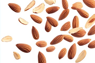 A collection of almonds scattered against a white background.