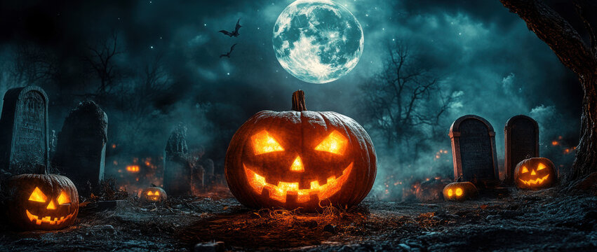 Pumpkin zombie Rising Out Of A Graveyard cemetery and church In Spooky scary dark Night full moon bats on tree. Holiday event halloween banner background concept