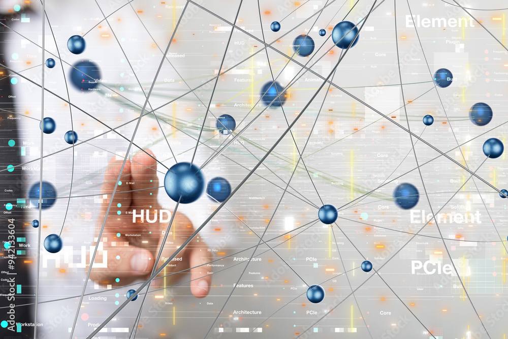 Poster Global network. Blockchain. 3D illustration. Neural networks and artificial intelligence. Abstract