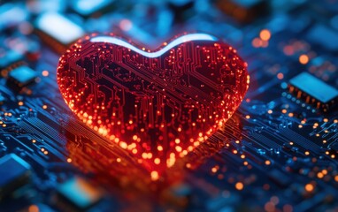 A beautiful red heart is sitting proudly on top of a motherboard, concept of love and technology