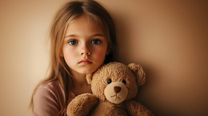 A young girl with a teddy bear, looking sad and lonely against a light brown background.