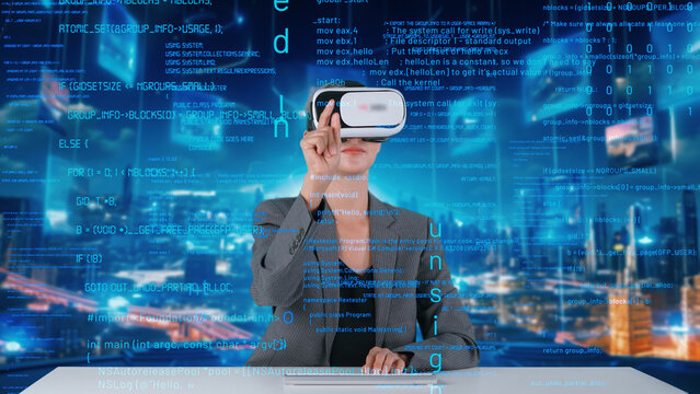IT developer typing computer code for analyzing intelligent website development coder system data selection by VR innovation interface digital network technology visual hologram server. Contraption.