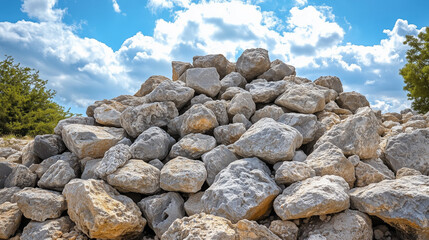 Duży stos szorstkich i postrzępionych kamieni ułożonych na świeżym powietrzu, pod jasnym niebem z rozproszonymi chmurami.