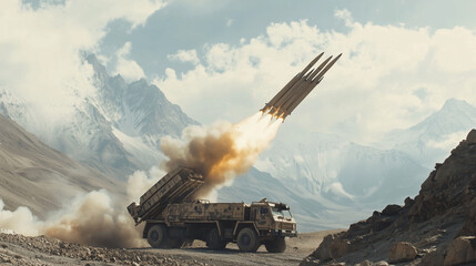 Obraz premium Mobilna wyrzutnia rakietowa ustawiona na surowym, górzystym terenie, wystrzeliwująca kilka rakiet podczas ćwiczeń wojskowych.