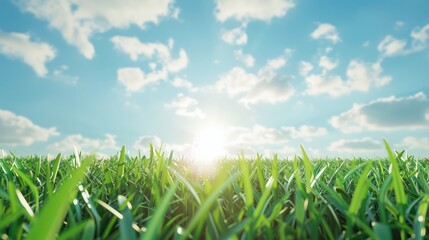 Fototapeta premium Green Grass Field Under a Blue Sky