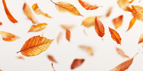 A stunningly beautiful display of vibrant autumn leaves, gracefully floating against a pure, clean white background, capturing the true essence of fall and the remarkable transition of nature