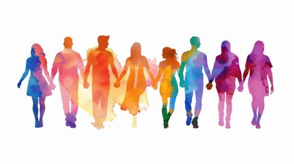 Fototapeta premium Silhouettes of People Holding Hands in a Watercolor Style