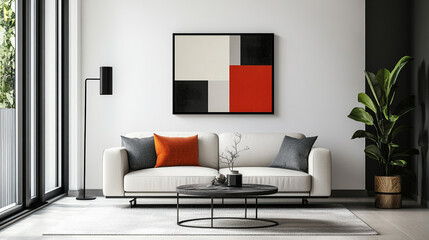 Modern living room with a stylish sofa, decorative pillows, and contemporary artwork in a bright, well-lit space