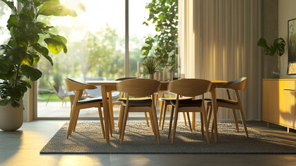 Obraz premium Modern dining area with wooden chairs and a round table in a sunlit room surrounded by greenery in the late afternoon