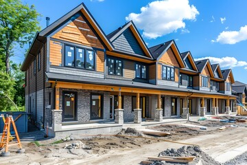 Modern Townhouses Under Construction with Scenic Blue Sky