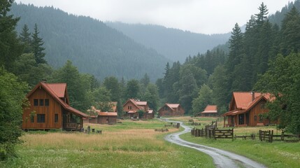 Obraz premium A serene mountain village nestled within lush green forests, featuring charming wooden cabins with red roofs and a winding dirt pathway