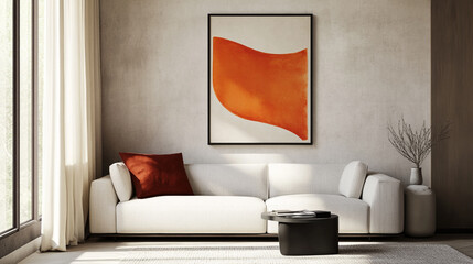 Modern living room with a white sofa, orange abstract artwork, and natural light highlighting the minimalist design