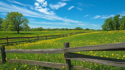 Naklejka premium : Spokojny krajobraz ukazuje rustykalny, drewniany płot, który delikatnie wije się wzdłuż żywych, zielonych pól pokrytych kwitnącymi, żółtymi kwiatami.