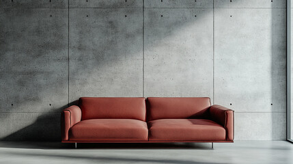 Modern minimalist living room design featuring a sleek red sofa against a concrete wall in bright natural light